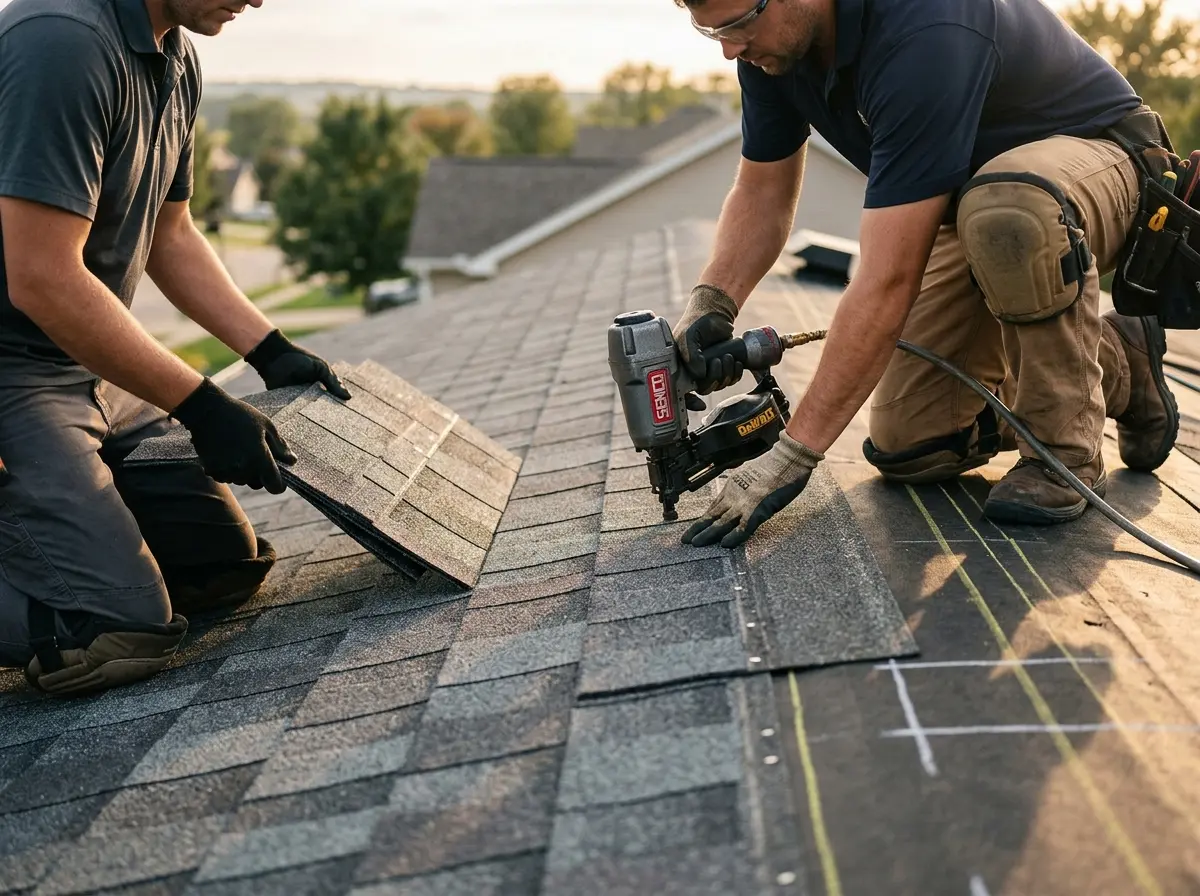 Professional roofer working on a residential roof in Oak View